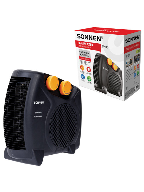 Тепловентилятор SONNEN FH06, 1000/2000 Вт, 2 режима нагрева, режим вентиляции, черный/оранжевый, 457781