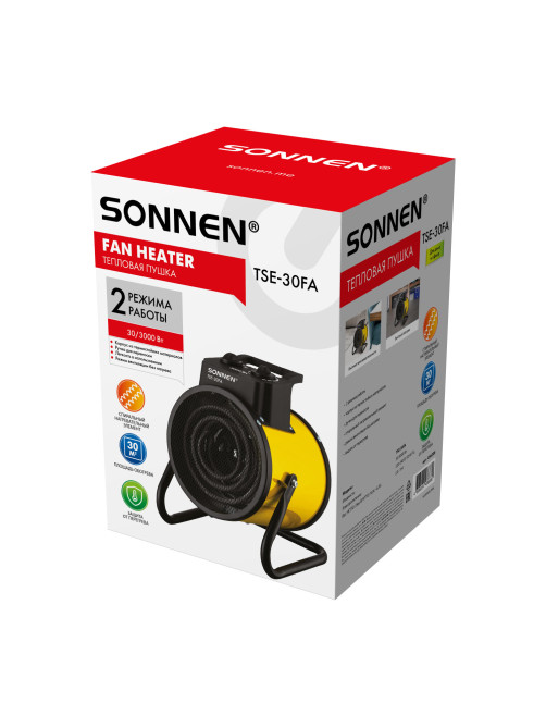 Тепловая пушка электрическая SONNEN TSE-30FA, 3000 Вт, ТЭН/спиральный нагревательный элемент, 2 режима, 456208