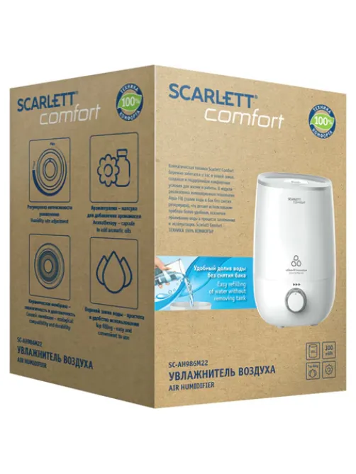 Увлажнитель воздуха SCARLETT SC-AH986M22, объем бака 3,8 л, 25 Вт, арома-контейнер, белый