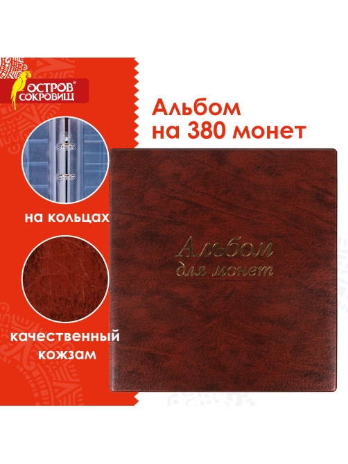 Альбом нумизмата для 380 монет (диаметр до 38 мм) и купюр, 253х238 мм, коричневый, ОСТРОВ СОКРОВИЩ, 237961