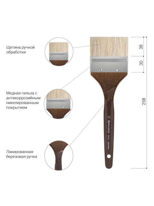 Кисть художественная профессиональная BRAUBERG ART CLASSIC, щетина, флейц, № 75, короткая ручка