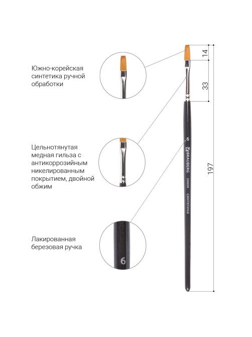 Кисть художественная профессиональная BRAUBERG ART CLASSIC, синтетика мягкая под колонок, плоская, № 6, короткая ручка, 200698