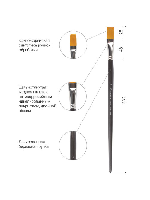Кисть художественная профессиональная BRAUBERG ART CLASSIC, синтетика жесткая, плоская, № 18, длинная ручка, 200671