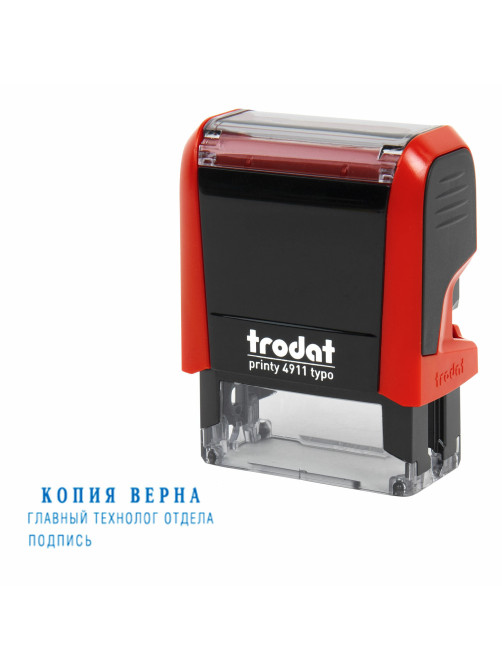 Штамп самонаборный 3-строчный, 38х14 мм, синий, TRODAT 4911 P4, корпус КРАСНЫЙ, КАССА В КОМПЛЕКТЕ, 43217