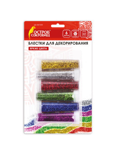 Блестки (глиттер) для декора, поделок, DIY, творчества, оформления, ОСТРОВ СОКРОВИЩ, НАБОР, 6 цветов по 6,5 грамм, блистер, 661550