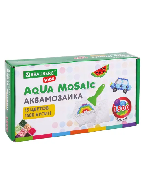 Аквамозаика 15 цветов, 1500 бусин, с трафаретами и инструментами, BRAUBERG KIDS, 664913