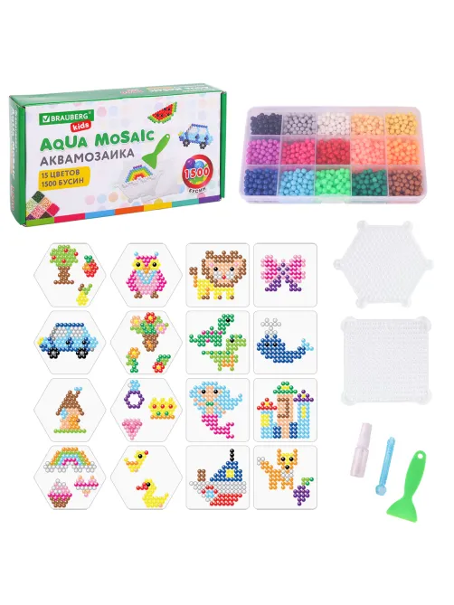 Аквамозаика 15 цветов, 1500 бусин, с трафаретами и инструментами, BRAUBERG KIDS, 664913