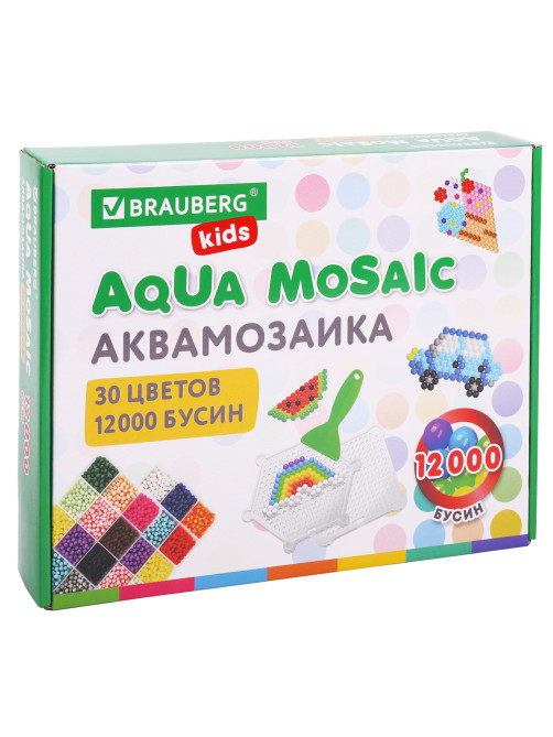 Аквамозаика 30 цветов 12000 бусин, с трафаретами, инструментами, аксессуарами, BRAUBERG KIDS, 664917