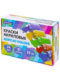 Краски акриловые художественные 24 шт., 21 цвет в банках по 22 мл, BRAUBERG HOBBY, 192412