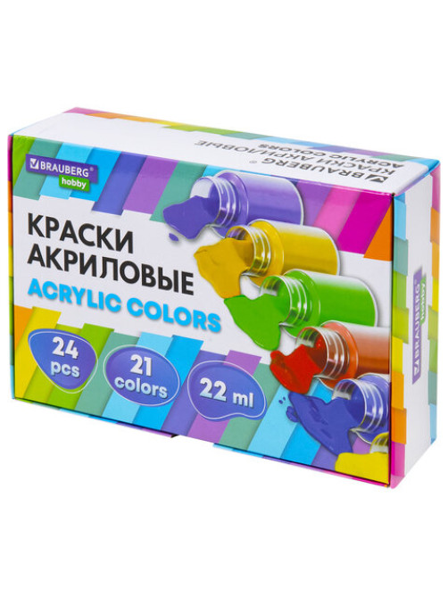Краски акриловые художественные 24 шт., 21 цвет в банках по 22 мл, BRAUBERG HOBBY, 192412