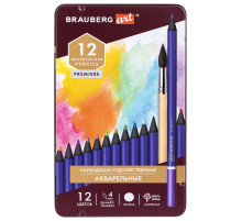 Карандаши художественные цветные акварельные BRAUBERG ART PREMIERE, 12 цветов, грифель 4 мм, металл, 181533