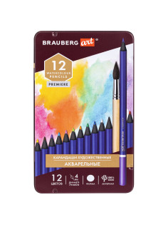 Карандаши художественные цветные акварельные BRAUBERG ART PREMIERE, 12 цветов, грифель 4 мм, металл, 181533