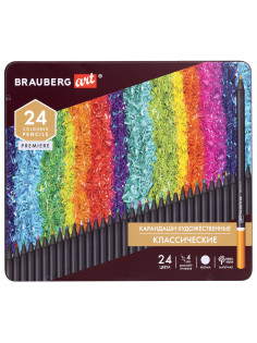 Карандаши цветные художественные BRAUBERG ART PREMIERE, 24 цвета, МЯГКИЙ грифель 4 мм, металл, 181541