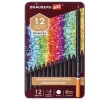Карандаши художественные цветные BRAUBERG ART PREMIERE, 12 цветов, МЯГКИЙ грифель 4 мм, металл, 181540