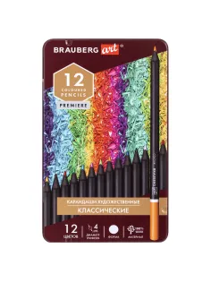 Карандаши художественные цветные BRAUBERG ART PREMIERE, 12 цветов, МЯГКИЙ грифель 4 мм, металл, 181540