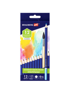 Карандаши художественные цветные акварельные BRAUBERG ART CLASSIC, 12 цветов, грифель 3,3 мм, 181529