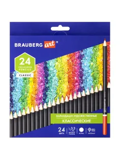 Карандаши художественные цветные BRAUBERG ART CLASSIC, 24 цвета, МЯГКИЙ грифель 3,3 мм, 181537
