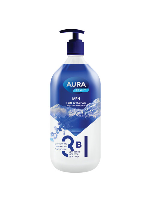 Гель для душа 3 в 1 для волос, тела и лица 1 л, AURA FAMILY MEN 