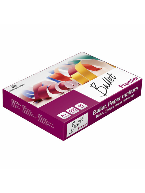 Бумага офисная А4, 80 г/м2, 500 л., марка А, BALLET PREMIER, Россия, 160% (CIE)