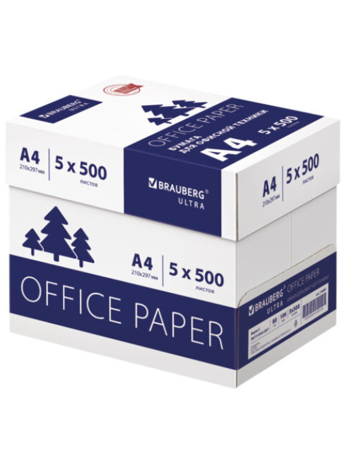 Бумага офисная А4, 80 г/м2, 500 л., марка С, белизна 146% (CIE), BRAUBERG ULTRA, 116407