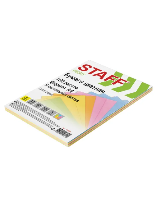 Бумага цветная STAFF, А4, 80 г/м2, 100 л., (5 цветов х 20 л.), пастель, для офиса и дома, 110889
