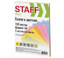 Бумага цветная STAFF, А4, 80 г/м2, 100 л., (5 цветов х 20 л.), пастель, для офиса и дома, 110889