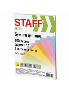 Бумага цветная STAFF, А4, 80 г/м2, 100 л., (5 цветов х 20 л.), пастель, для офиса и дома, 110889