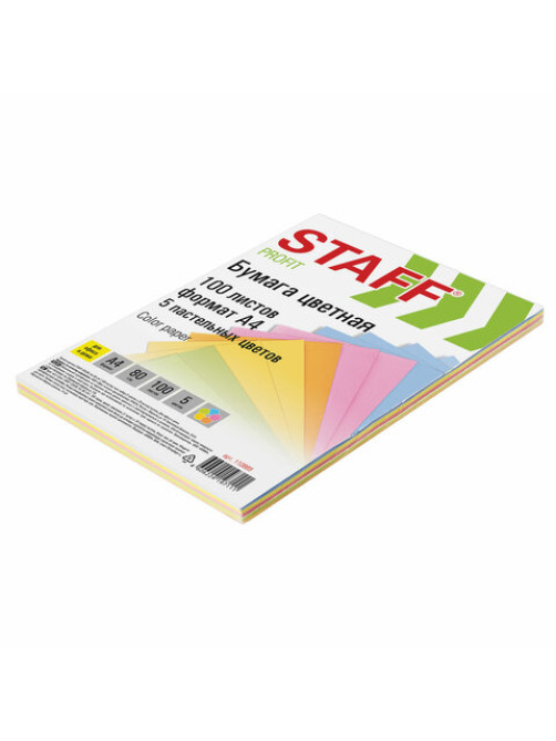 Бумага цветная STAFF, А4, 80 г/м2, 100 л., (5 цветов х 20 л.), пастель, для офиса и дома, 110889