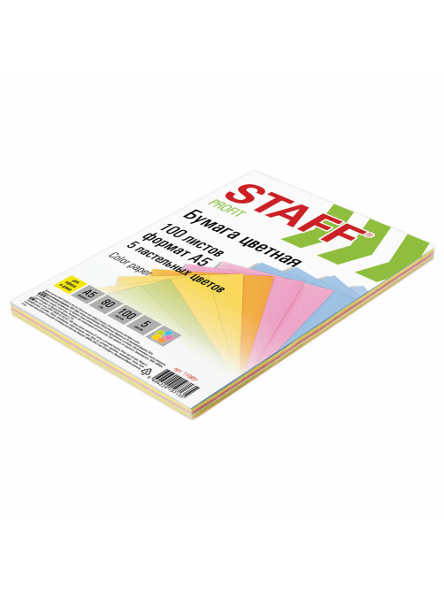 Бумага цветная STAFF МАЛОГО ФОРМАТА, А5, 80 г/м2, 100 л. (5 цветов х 20 л.), цветная пастель, 110891