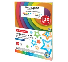 Бумага цветная 11 цветов BRAUBERG MULTICOLOR, А4, 80 г/м2, 120 л. (10 цветов x 10 листов + 20 белых листов), 116012