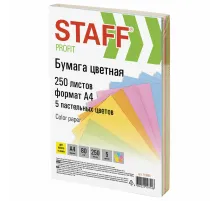Бумага цветная STAFF, А4, 80 г/м2, 250 л., (5 цветов х 50 л.), пастель, для офиса и дома, 110890