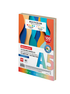 Бумага цветная МАЛОГО ФОРМАТА 10 цветов, BRAUBERG MULTICOLOR А5, 80 г/м2, 100 л., (10 цветов x 10 листов), 116406