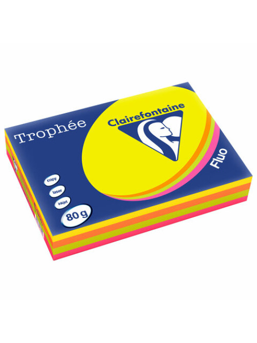 Бумага цветная CLAIREFONTAINE, А4, 80 г/м2, 500 л. (4 цвета x 125 л.), микс неон, Франция, 1705SC