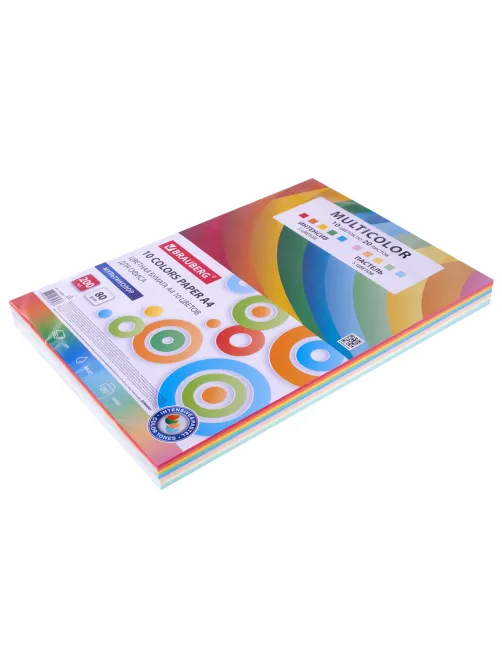 Бумага цветная 10 цветов BRAUBERG MULTICOLOR, А4, 80 г/м2, 200 л. (10 цветов x 20 листов), 114209