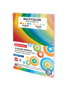 Бумага цветная 10 цветов BRAUBERG MULTICOLOR, А4, 80 г/м2, 200 л. (10 цветов x 20 листов), 114209