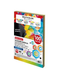 Бумага цветная 20 цветов BRAUBERG MULTICOLOR А4, 80 г/м2, 100 л. (20 цветов x 5 листов), 116649