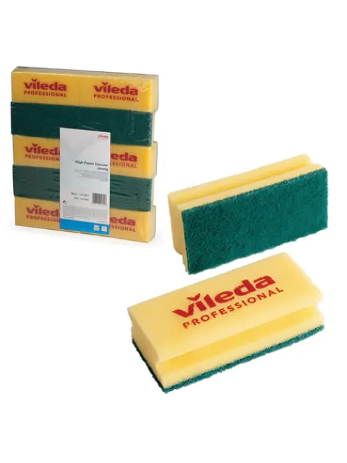 Губки хозяйственные 15х7х4,5 см, КОМПЛЕКТ 10 шт., для любых поверхностей, желтые, зеленый абразив, VILEDA PROFESSIONAL, 101397
