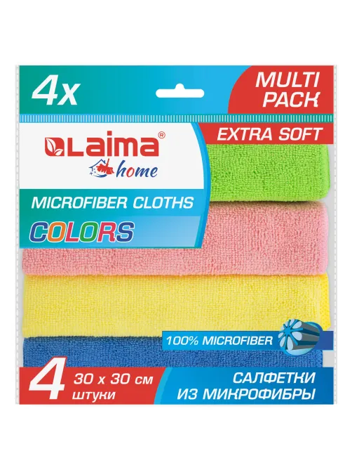 Салфетка из МИКРОФИБРЫ универсальная 30х30 см, КОМПЛЕКТ 4 шт., MULTI PRO COLOUR, 280 г/м2, LAIMA, 607792