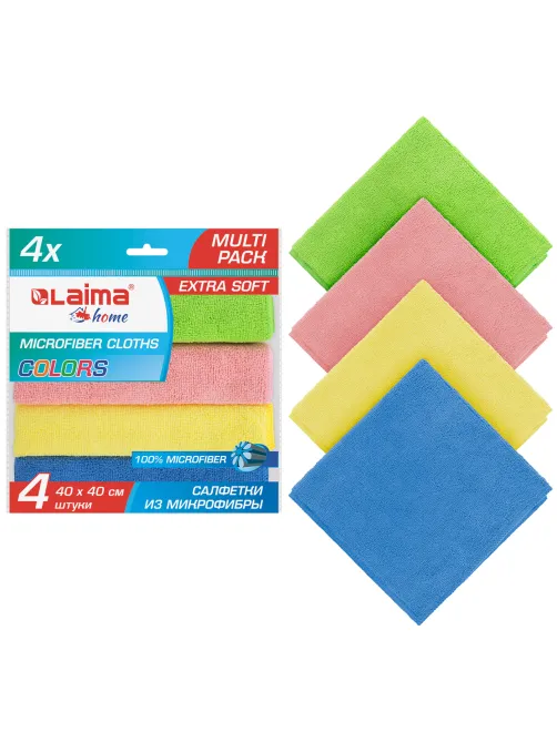 Салфетка из МИКРОФИБРЫ универсальная 40х40 см, КОМПЛЕКТ 4 шт., MULTI PRO COLOUR, 280 г/м2, LAIMA, 607793