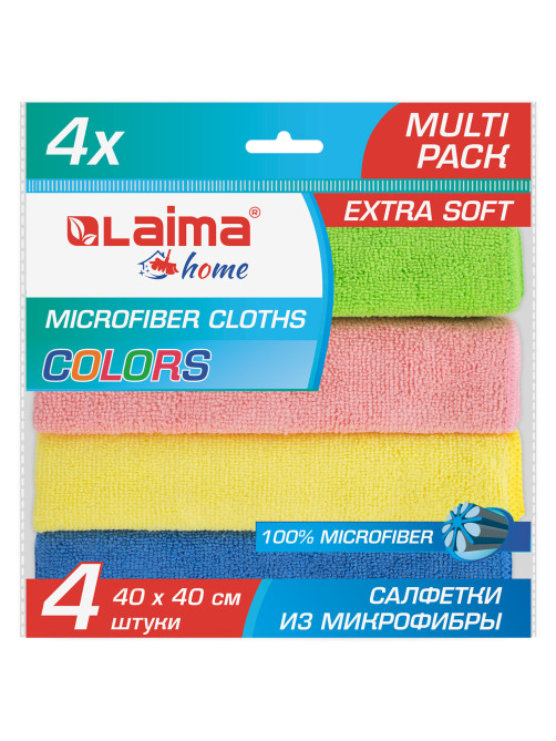 Салфетка из МИКРОФИБРЫ универсальная 40х40 см, КОМПЛЕКТ 4 шт., MULTI PRO COLOUR, 280 г/м2, LAIMA, 607793