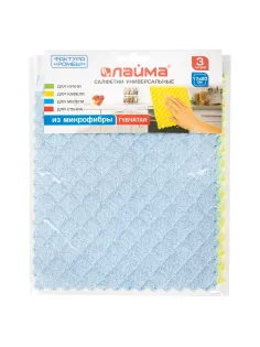 Салфетки из МИКРОФИБРЫ ГУБЧАТЫЕ 17х20 см, КОМПЛЕКТ 3 шт., 3 слоя, ассорти, 440 г/м2, LAIMA, 606657