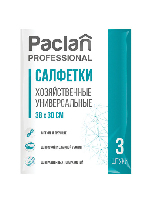 Салфетки универсальные, 30х38 см, КОМПЛЕКТ 3 шт., 90 г/м2, вискоза, PACLAN Professional