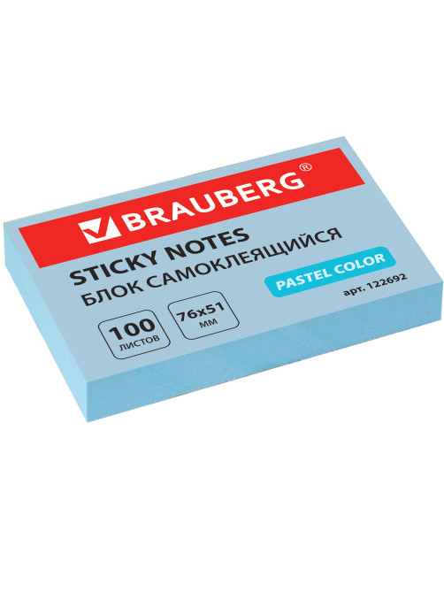 Блок самоклеящийся (стикеры) BRAUBERG, ПАСТЕЛЬНЫЙ, 76х51 мм, 100 листов, голубой, 122692