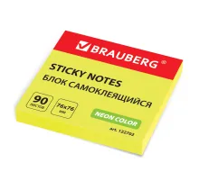 Блок самоклеящийся (стикеры), BRAUBERG, НЕОНОВЫЙ, 76х76 мм, 90 листов, желтый, 122702