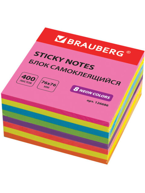 Блок самоклеящийся (стикеры), BRAUBERG, НЕОНОВЫЙ, 76х76 мм, 400 листов, 8 цветов, 126686