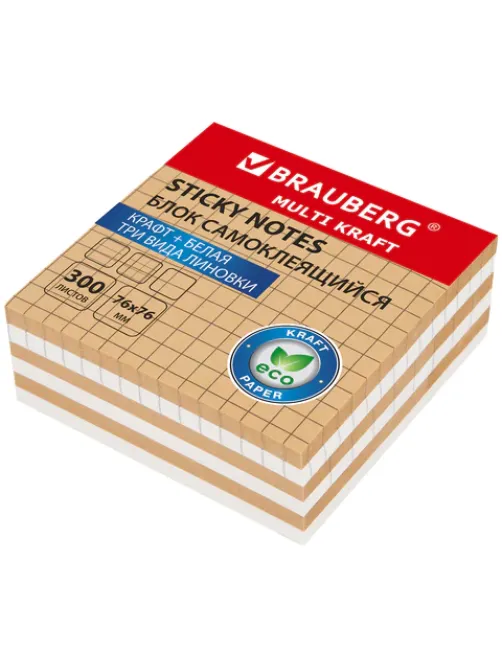 Блок самоклеящийся крафтовый (стикеры) BRAUBERG, MULTI KRAFT 76х76 мм, 300 листов, 115209