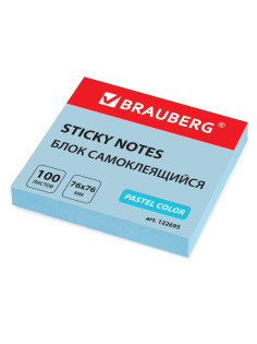 Блок самоклеящийся (стикеры) BRAUBERG, ПАСТЕЛЬНЫЙ, 76х76 мм, 100 листов, голубой, 122695