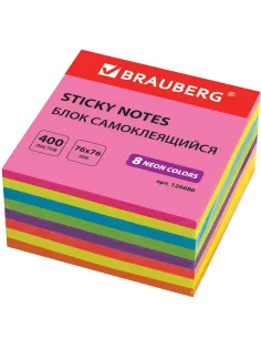 Блок самоклеящийся (стикеры), BRAUBERG, НЕОНОВЫЙ, 76х76 мм, 400 листов, 8 цветов, 126686