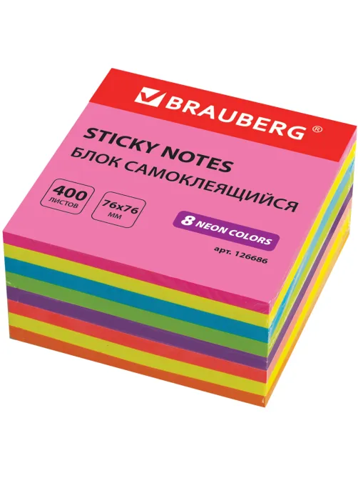 Блок самоклеящийся (стикеры), BRAUBERG, НЕОНОВЫЙ, 76х76 мм, 400 листов, 8 цветов, 126686
