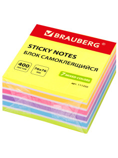 Блок самоклеящийся (стикеры) BRAUBERG НЕОНОВЫЙ 76х76 мм, 400 листов, 7 цветов, 111350